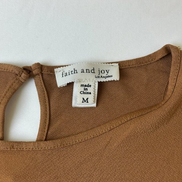 Faith and Joy Shirt Womens Medium Brown Ruffle Sleeve Keyhole Back Blouse Top - Picture 3 of 8